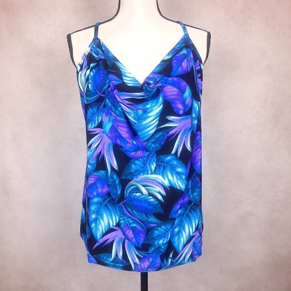Vanishing Act Tankini Swimsuit Top Blue Black Purple Floral Leaf Print Size 10